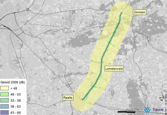 Figuur 2.10 De geluidsbelasting langs de N348 in de huidige situatie (2009) 2.2.8 Luchtkwaliteit In de bestaande situatie zijn er geen overschrijdingen van de normen voor luchtkwaliteit (Wet luchtkwaliteit, hoofdstuk 5 titel 2 van de Wet milieubeheer) langs de N348.