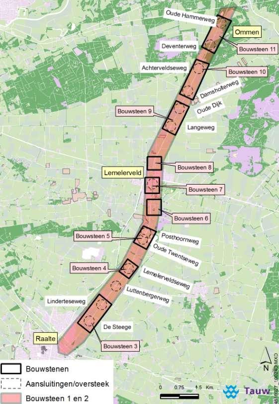 In onderstaande figuur zijn de huidige gelijkvloerse oversteken op het traject N348