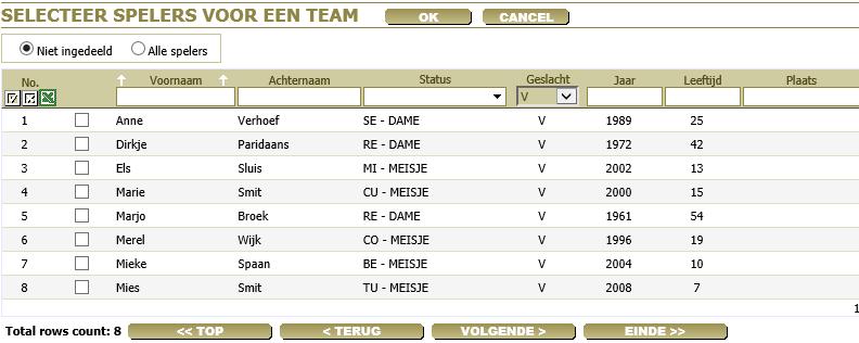 Selecties via de lege velden. Wanneer men de spelers geselecteerd heeft klikt men bovenin op OK Nu ziet men de spelers die geselecteerd zijn.