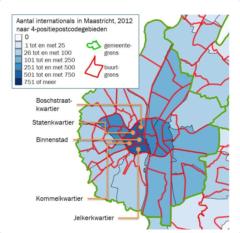 Nader toegelicht: economisch-actieve internationals in Maastricht, 2012 De meeste economisch-actieve internationals in Maastricht wonen in buurten aan de westzijde