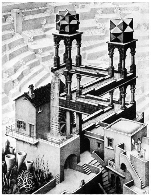 HET LICHAAM OP DE TOREN Eén van de bekendste werken van de graficus Maurits Escher is zijn in figuur 1 afgebeelde litho Waterval uit 1961.