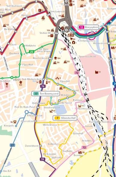 Figuur 108: netplan bussen Brugge 2016 (bron: De Lijn) Door de verschillende lijnen, met name buslijnen 7 en 17, kunnen ook de woonenclaves verder uitgewerkt worden.