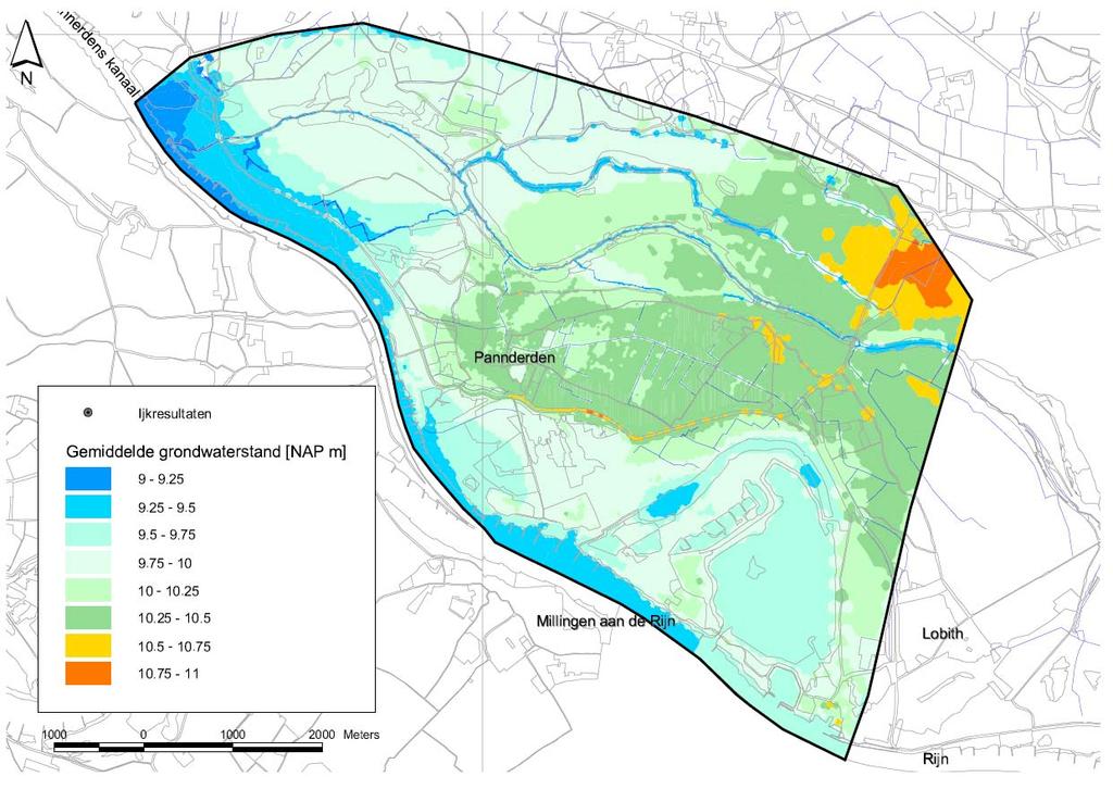 Figuur 3.7: Berekende grondwaterstanden in de referentiesituatie, gemiddelde situatie De berekende grondwaterstand tijdens de laagwatersituatie 2003 is weergegeven in figuur 3.8.