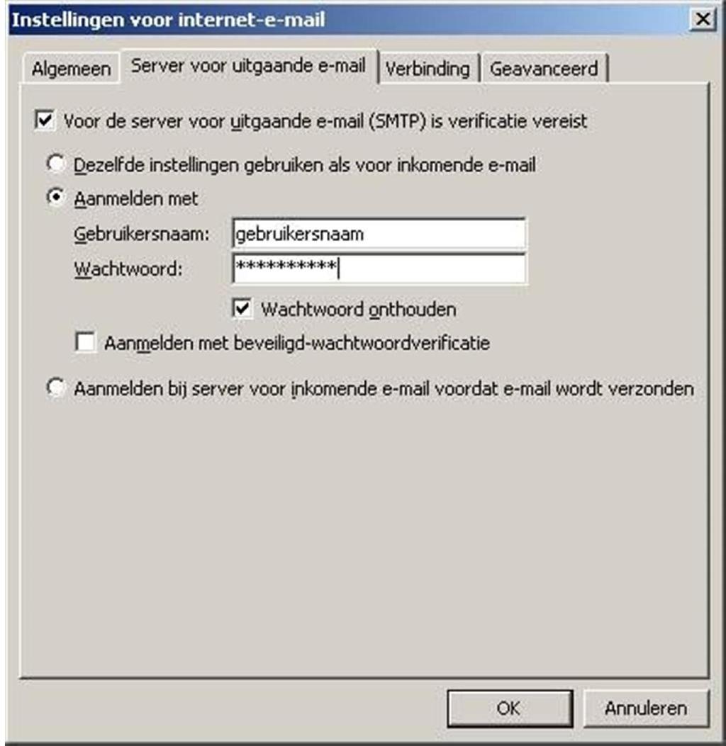 4) Ga naar het tabblad server voor uitgaande e-mail, u krijgt nu onderstaand scherm te zien. Zet het vinkje aan bij voor de server voor uitgaande e-mail (SMTP) is verificatie vereist.