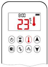 5.11 THERMOSTAAT MODUS AAN: Druk op Thermostaat pictogram verschijnt, vooraf ingestelde temperatuur wordt kort weergegeven, waarna de kamer temperatuur wordt weergegeven UIT: 1. Druk op de knop 2.