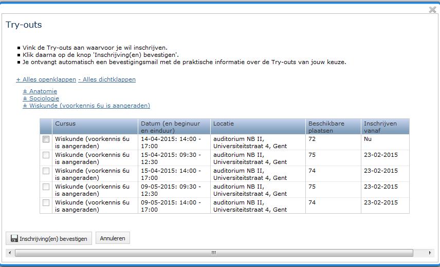 3 Vink de Try-out aan waarvoor je je wil inschrijven. Je kan je voor meerdere Try-outs inschrijven, op voorwaarde dat ze niet samenvallen.