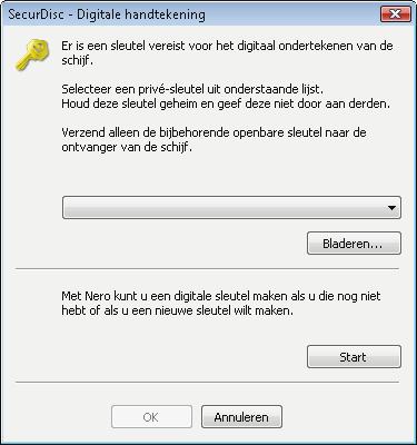 Dataschijf 2. Als u al een digitale sleutel hebt gemaakt, klikt u op de knop Bladeren en selecteert u de sleutel. 3. Als u een digitale sleutel wilt maken, klikt u op de knop Start.
