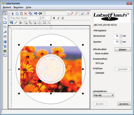 Labelflash De volgende configuratieopties zijn beschikbaar in het venster Label branden: Het venster Label branden Invoerveld Binnenste straal Invoerveld Breedte Knop Bewerken Knop Voorbeeld