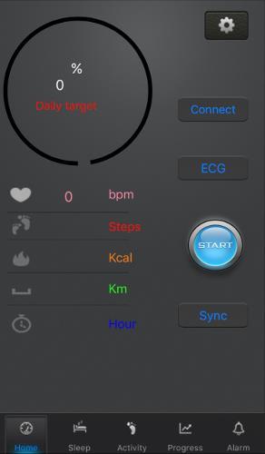 Wanneer de Bluetooth verbinding verbroken is, drukt u eerst op Connect. Om de data tussen de activity tracker en de app te synchroniseren drukt u op Sync.