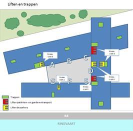 De bezoeker neemt de D-liften naar niveau +3 (D301). De afdeling D301 bevindt zich in zone 1, dus het dichtst tegen het Blok West. A101 is bereikbaar via gate A.