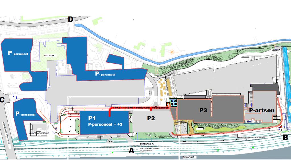 het ziekenhuis bevindt zich langs de R4. De tweede & derde inrit zijn de inritten langs de Kortrijksesteenweg (C) en de Poolse Winglaan (D). Deze ingangen zijn ook de twee ingangen voor voetgangers.