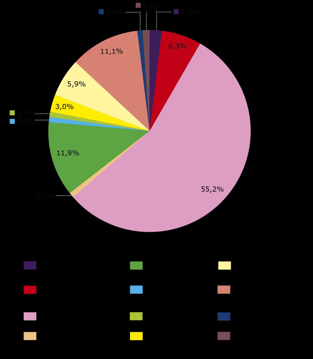 Figuur 1.5 Verdeling van de belangrijkste grondstoffen voor biobrandstoffen in 2016, op basis van de fysieke energieinhoud (zonder dubbeltelling).