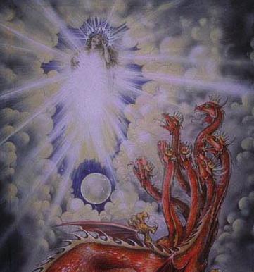 openbaring 12:1-6 de vrouw en de draak - Een vrouw (bekleed met de zon, met de maan onder haar voeten, en een krans van 12 sterren op haar