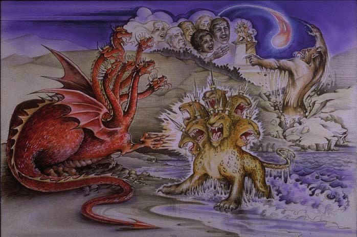satanische drie-eenheid 1. De draak (satan) als God 2. Het beest uit de zee - de anti-christ 3.