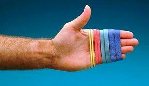 Elastiekband fijn 8,9 cm Elastiekband, speciaal ontwikkeld voor handtherapie en voor dynamische orthesen. 4 gradaties met kleurcode. Zakje van 85 g, ± 120 elastiekjes.