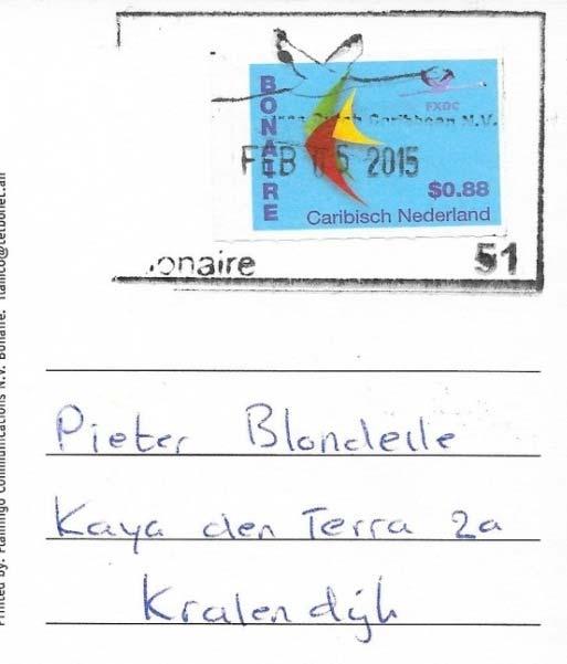De verzenddatum is 14-Oct-2014. De kantoorcode is BKRAL, wat staat voor Bonaire Kralendijk. Afb. 3 d. Ongefrankeerd poststuk. De prentbriefkaart in Afb.