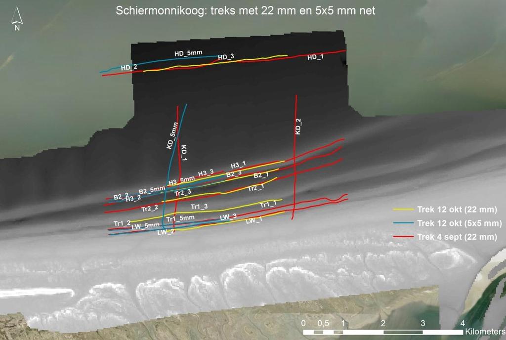 Figuur : Treklogs van epibenthostrekken met 22 mm gestrekte maaswijdte