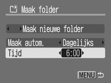 De dag of het tijdstip instellen voor het automatisch maken van een map. 2 Selecteer een datum voor de optie [Maak autom.] en een tijd voor de optie [Tijd].