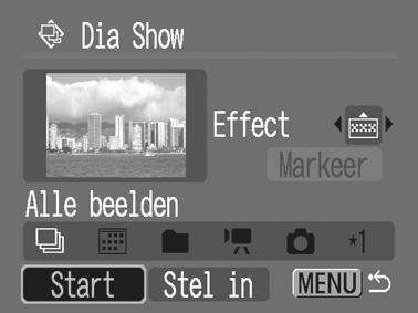 3 Selecteer [Start] en druk op. Tijdens de diashows zijn de volgende functies beschikbaar. - De diashow onderbreken/hervatten: druk op de knop FUNC./SET.