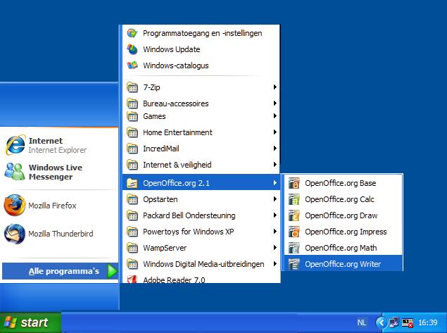 OOo opstarten vanuit het systeemmenu OOo opstarten vanuit het systeemmenu De meest gebruikelijke manier om OpenOffice.org te starten is door gebruik te maken van het systeemmenu.