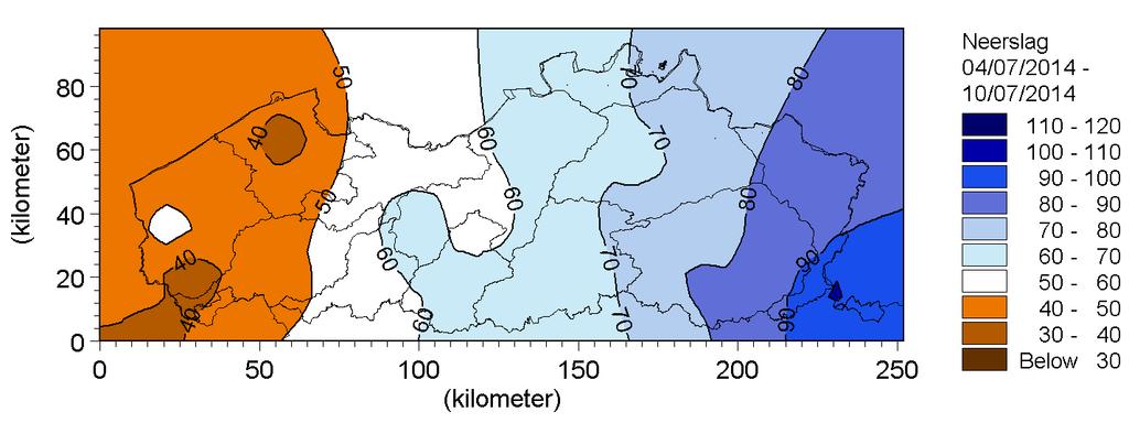 De neerslag viel voornamelijk in de oostelijke landshelft (zie Figuur 39) wat verklaart waarom de meetraai te Haacht relatief sterkere verhoogde waarden in