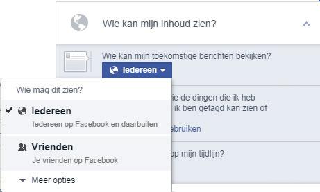 Om de instellingen te wijzigen klik je op het pijltje rechts naast Iedereen. Er schuift nu een venster uit, waarin je kunt kiezen wie jouw toekomstige berichten kan bekijken.