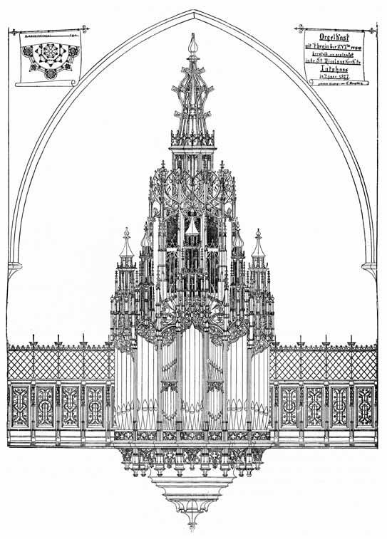 m lang, 50 m hoog), waarbij volgens Van Heukelum uiterlijk en omvang van de orgelkast de versierselen en de afmetingen van de kerk in sterke mate bepaalden.