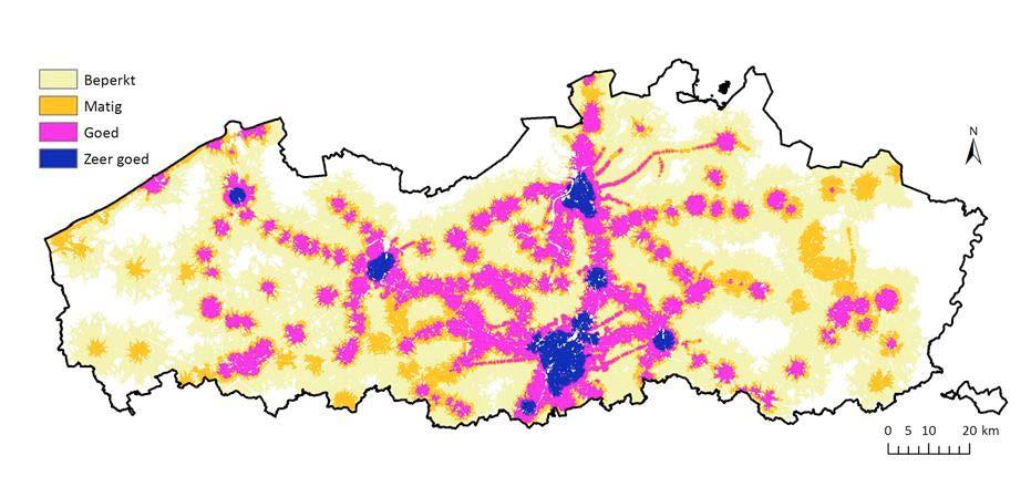 Legende: spoorlijnen tramlijnen wegenis Figuur 42: kaart met ontsluitingssystemen in Vlaanderen De figuur toont een feitelijke overzichtskaart van het aanbod aan weginfrastructuur, openbaar vervoer