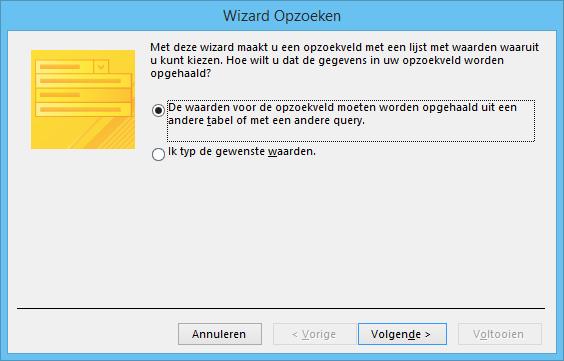 Dit betekent dat nadat u een externe sleutel-veld aangemaakt heeft, u de waarden uit de tabel kunt kiezen. Een relatie kan gecreëerd worden in de Wizard opzoeken. 1.