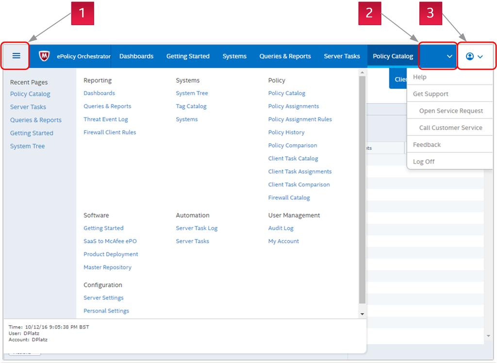 4 De status van uw netwerk controleren Navigeren in de interface Hoofdmenu: klik hierop voor toegang tot menu-items en functies van McAfee epo Cloud.