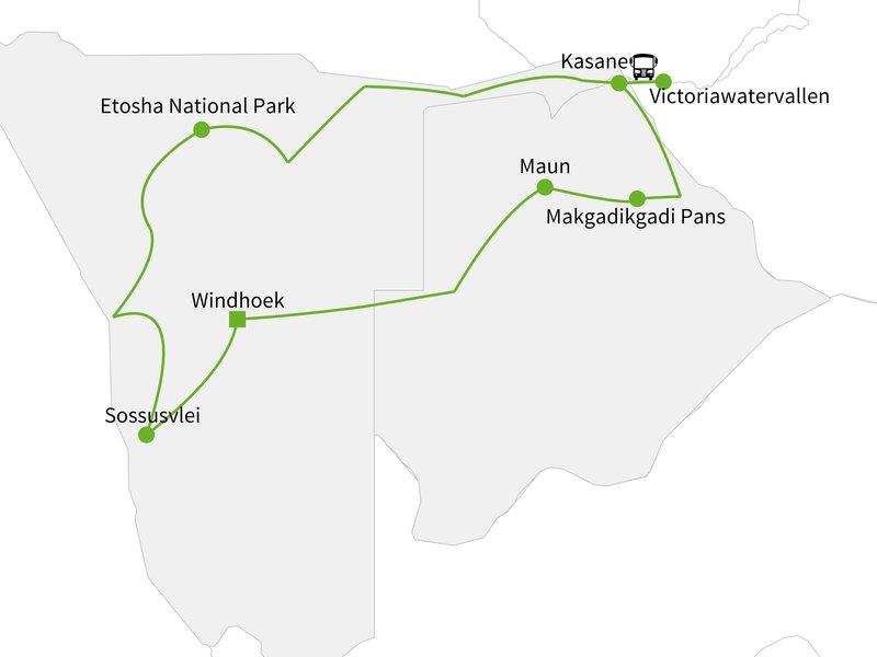 Dagprogramma 100% Namibië & Botswana Namibië en Botswana vullen elkaar goed aan met de uiteenlopende hoogtepunten die zij u te bieden hebben.