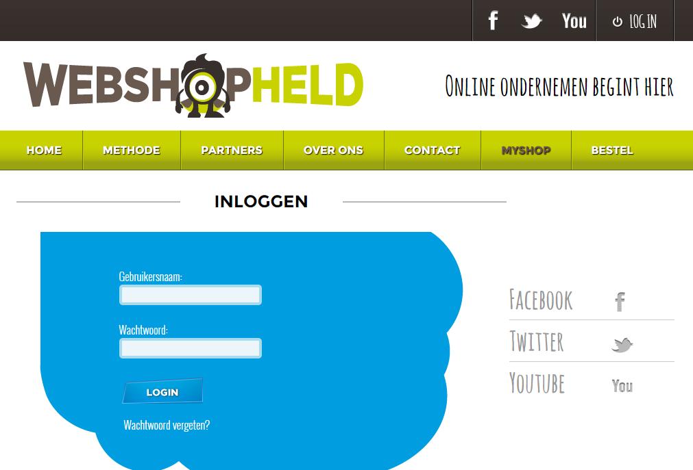 Inloggen, uitloggen en wachtwoord vergeten Inloggen: Elke volgende keer dat je wilt inloggen op je webshop: 1. Ga naar www.webshopheld.nl 2. Klik je op MYSHOP 3.