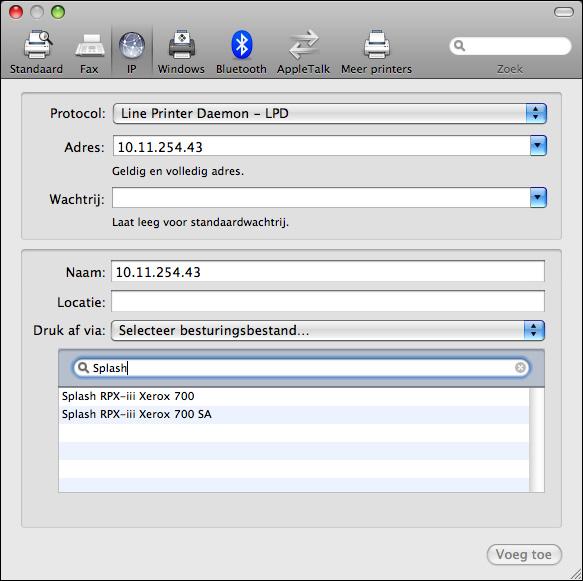 AFDRUKKEN VANUIT MAC OS X 13 4 Typ Splash in het filter in het gebied Druk af via om de zoekopdracht te verfijnen en selecteer vervolgens Splash RPX-iii Xerox 700 in de lijst.