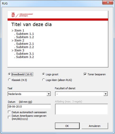 Er verschijnt een dialoog waarin je verschillende opmaak varianten kunt kiezen: 1. Breedbeeld (16:9) of klassiek (4:3) 2.