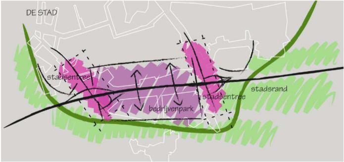 veranderen. De zuidelijke stadsrand is op het eerste gezicht een wereld van bedrijventerreinen en infrastructuur. Dit gebied vormt - vanaf de A1 en vanuit westelijke richting - de entree tot de stad.