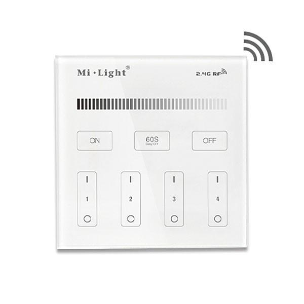 WAND CONTROLLER B1/T1 4-zones radiografische wand controller van ABS kunststof voor het aansturen van single color receivers, lichtbronnen of ledstrips Frequentie: 2,4Ghz, 25 meter reikwijdte door