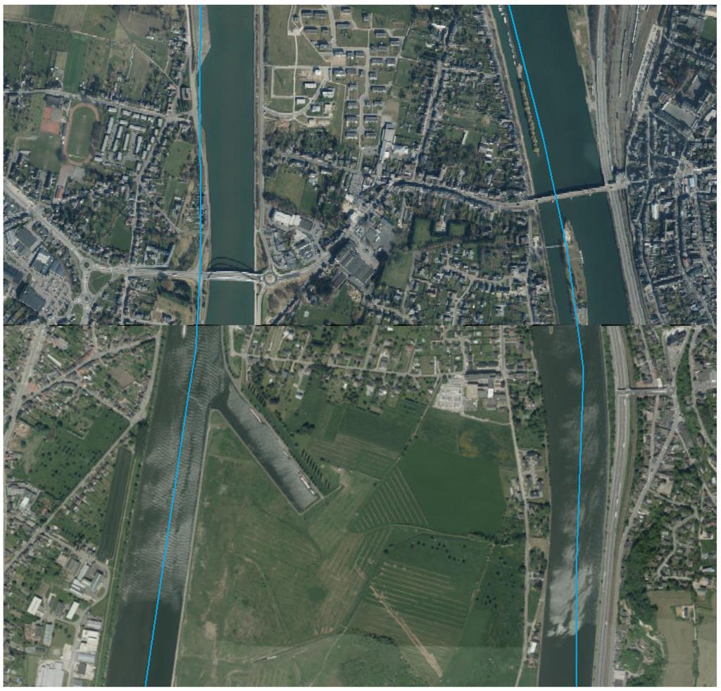 Vereenvoudigd 1D-model Blauwe Kei: Eindrapport Figuur 4 De verschillende orthofoto s (in dit geval Orthofotomozaïek, Vlaanderen en Orthophotos 2012-2013, Wallonië nabij Visé) vertonen bij de overlap