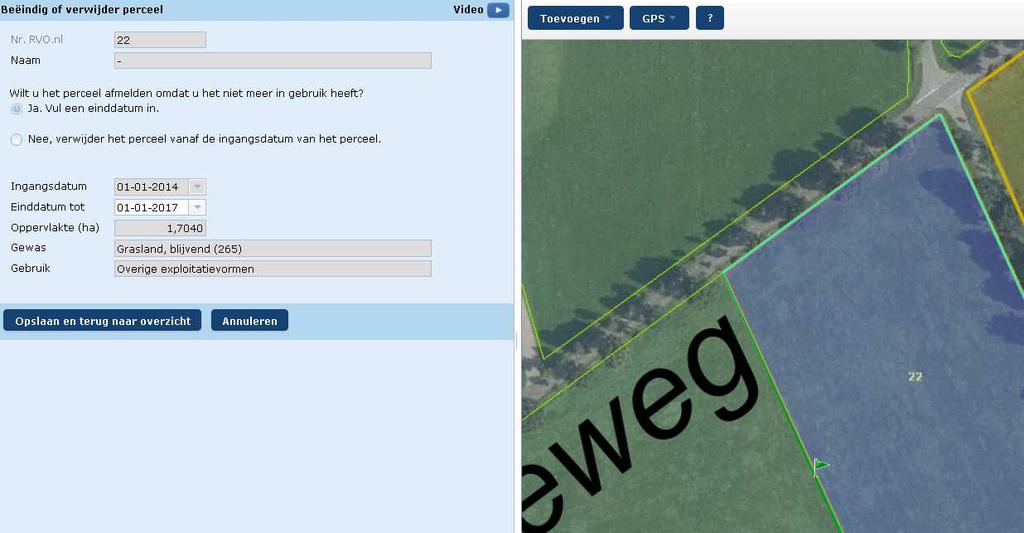 Beëindigen of verwijderen perceel Om een perceel te beeindigen of verwijderen klikt u op achter een perceel. 1 2 3 1 Heeft u het perceel niet meer in gebruik? Klik op de optie Ja.