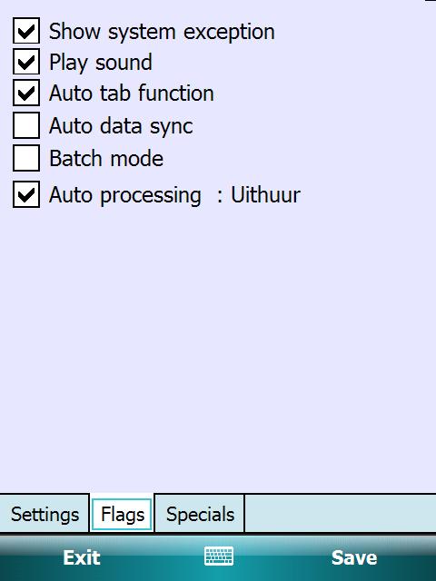 Setup functies TAB Flags Show system exception : zet deze optie aan indien er fouten optreden, de extra informatie kan je dan doorgeven aan Codisys support. Sound : mogelijkheid om de bestanden ok.
