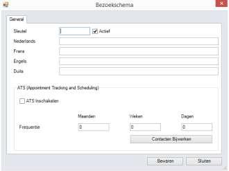 Bezoekschema s ATS is gebaseerd op bezoekschema s. Het is dus nodig om de contacten (klanten die regelmatig moeten bezocht worden) in bezoekschema s in te delen. Enkele voorbeelden van schema s : 1.