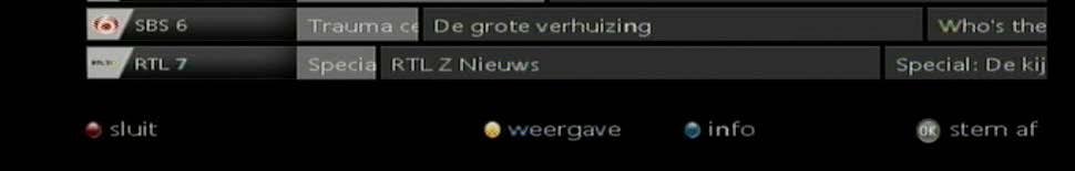 Ga terug naar de laatst bekeken zender door op de rode knop van de afstandsbediening te drukken, ga naar de geselecteerde zender met of ga terug naar het menu door op de knop te gebruiken