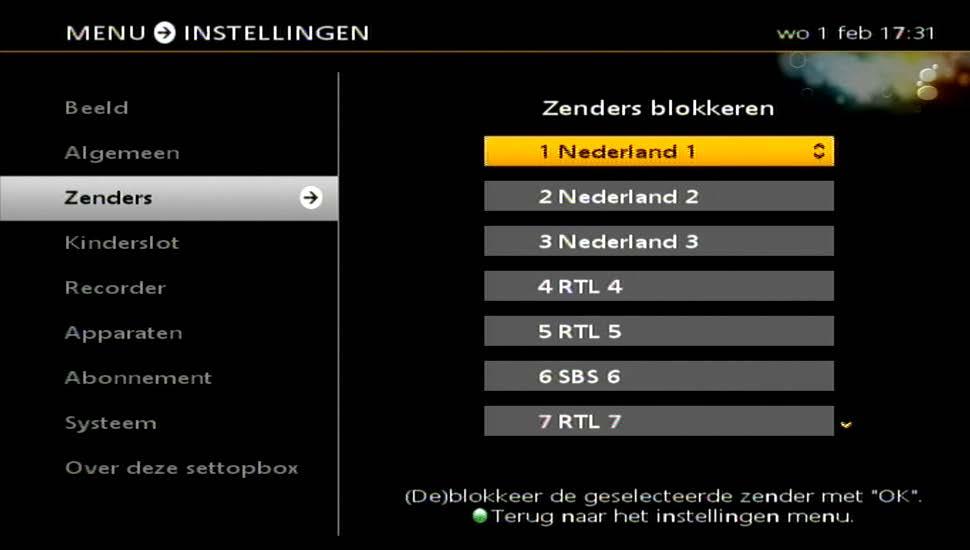 Zenders In de lijst van zenders staat de zender die bekeken werd bovenin (in dit geval - 001