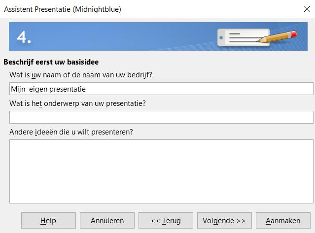 6) Klik op Volgende. In stap 4 van de Assistent presentatie kunt u informatie over uw bedrijf en de presentatie, die u aan het maken bent, toevoegen.