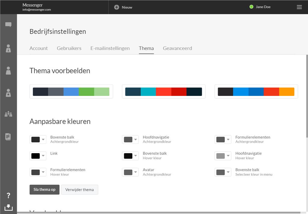 Thema Onder de thema-tab kun je de kleuren van de messenger naar wens aanpassen. Stel ze bijvoorbeeld zo in dat je een messenger hebt in de kleuren van jouw organisatie.