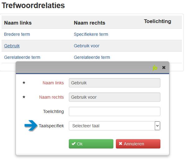 5.2 Onderhoud trefwoordrelaties U kunt de benamingen onderhouden van de 3 trefwoordrelaties die beschikbaar zijn. U kunt geen relaties toevoegen of verwijderen.