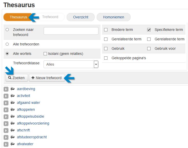 2.2 Opzet thesaurus Via Bibliotheek > Thesaurus komt u in het basisscherm voor thesaurusbeheer. Dit scherm kent 4 onderdelen: 1. Thesaurus - om zoekacties op de thesaurus uit te voeren; 2.