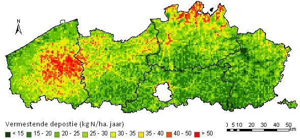 Figuur 4-5: Spreiding stikstofdepositie per km² in Vlaanderen, 2009 (Bron: www.milieurapport.be).