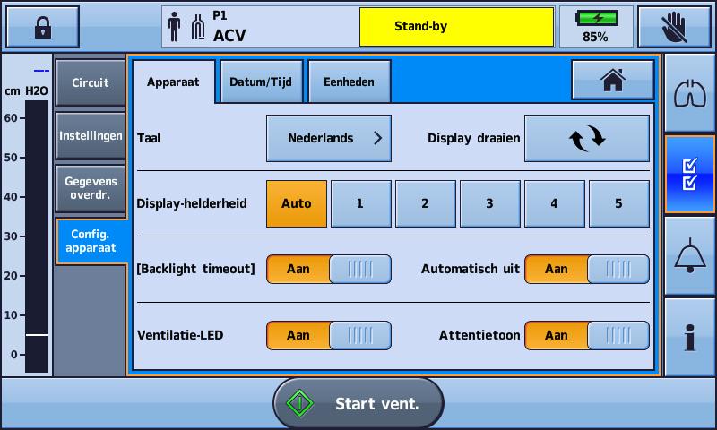 Gebruik van het Astral device Apparaatinstelling Ventilatie-LED van het apparaat Datum Tijd Taal Drukeenheid Lengte-eenheid Beschrijving Hiermee wordt de status van de LED voor actieve ventilatie