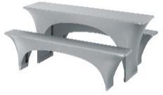 Stretch hoes biersets 17,50 Buffettafel rok 8,50 Geschikt voor bierset Tafelmaat 220 x 50 cm Bankmaat 220 x 25 cm