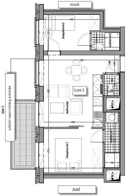 Plan appartement type 3 2 slaapkamers, 2 badkamers alle ramen